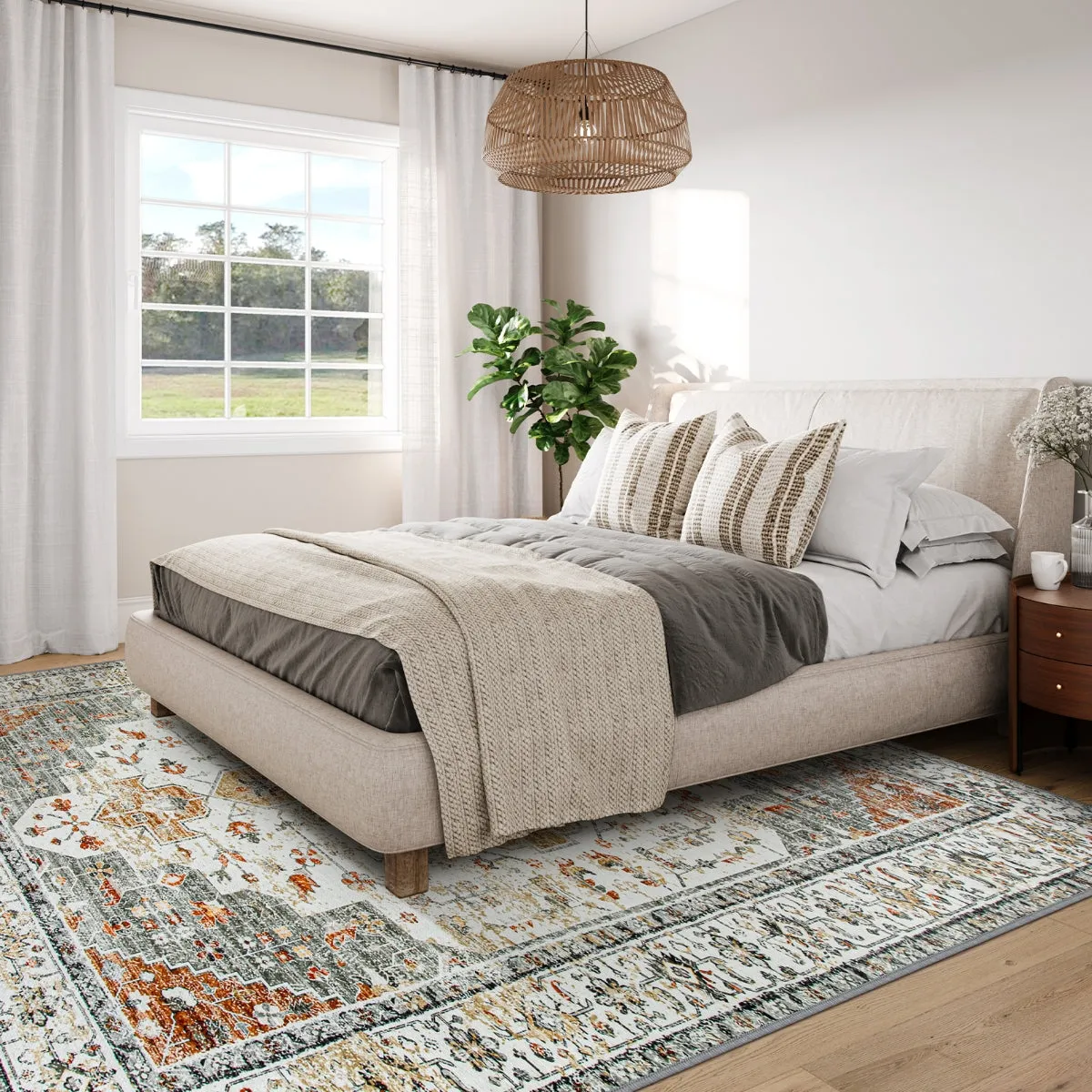 Helene Ultra-Thin Washable Vintage Floral Beige & Gold Area Rug