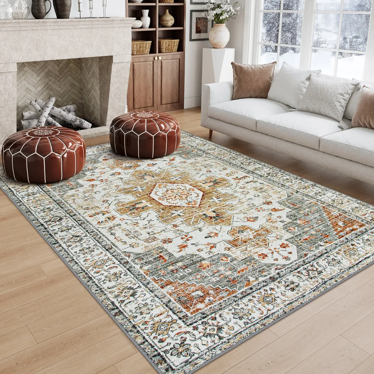 Helene Ultra-Thin Washable Vintage Floral Beige & Gold Area Rug