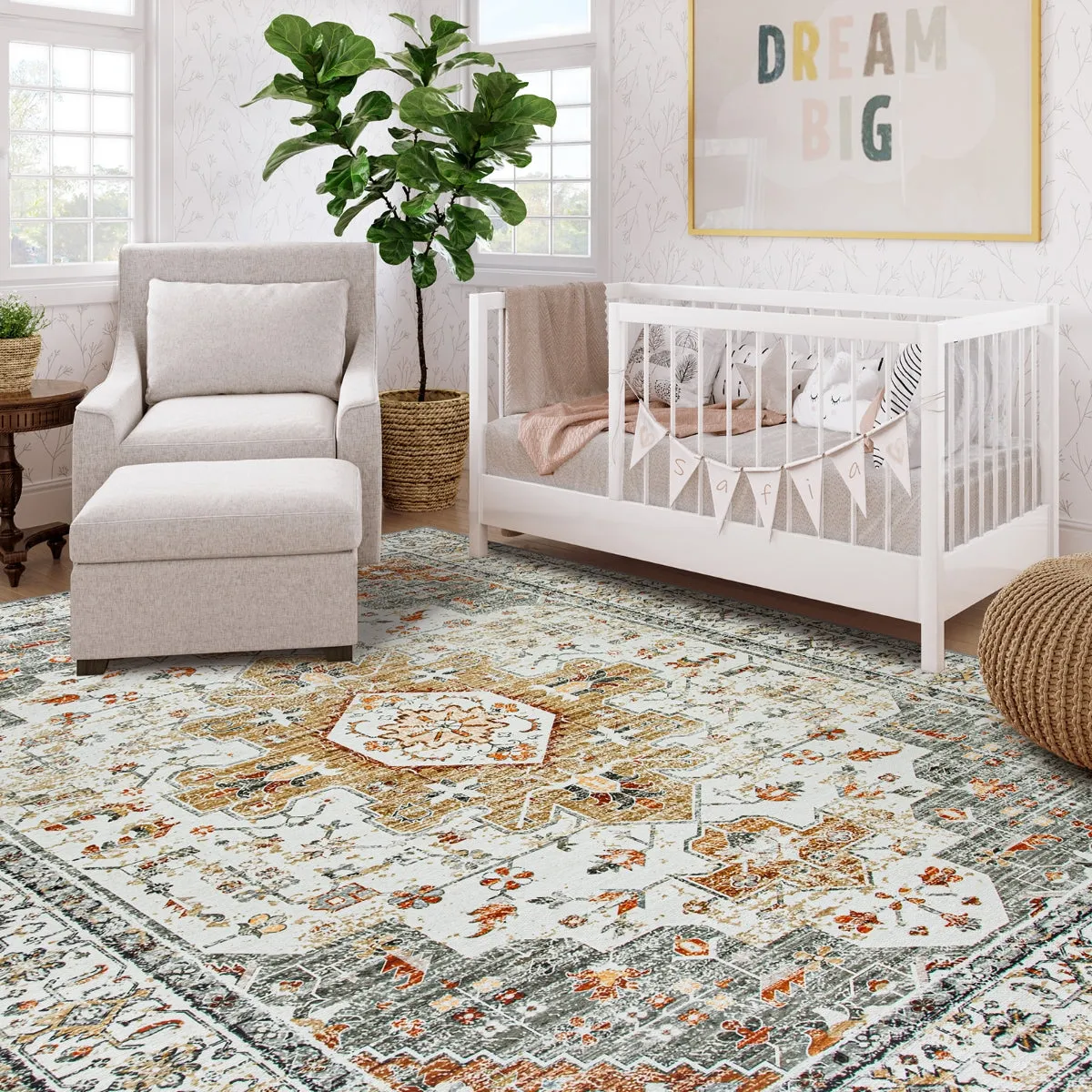 Helene Ultra-Thin Washable Vintage Floral Beige & Gold Area Rug