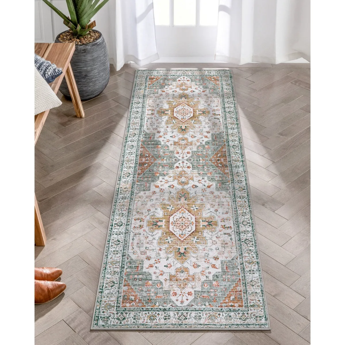 Helene Ultra-Thin Washable Vintage Floral Beige & Gold Area Rug
