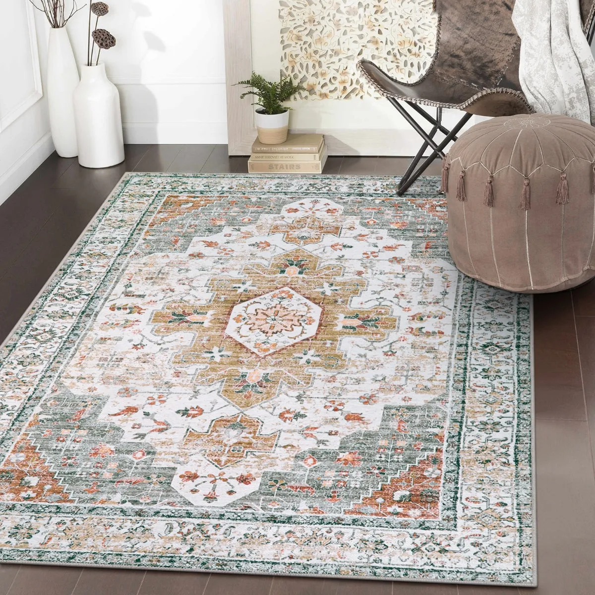 Helene Ultra-Thin Washable Vintage Floral Beige & Gold Area Rug