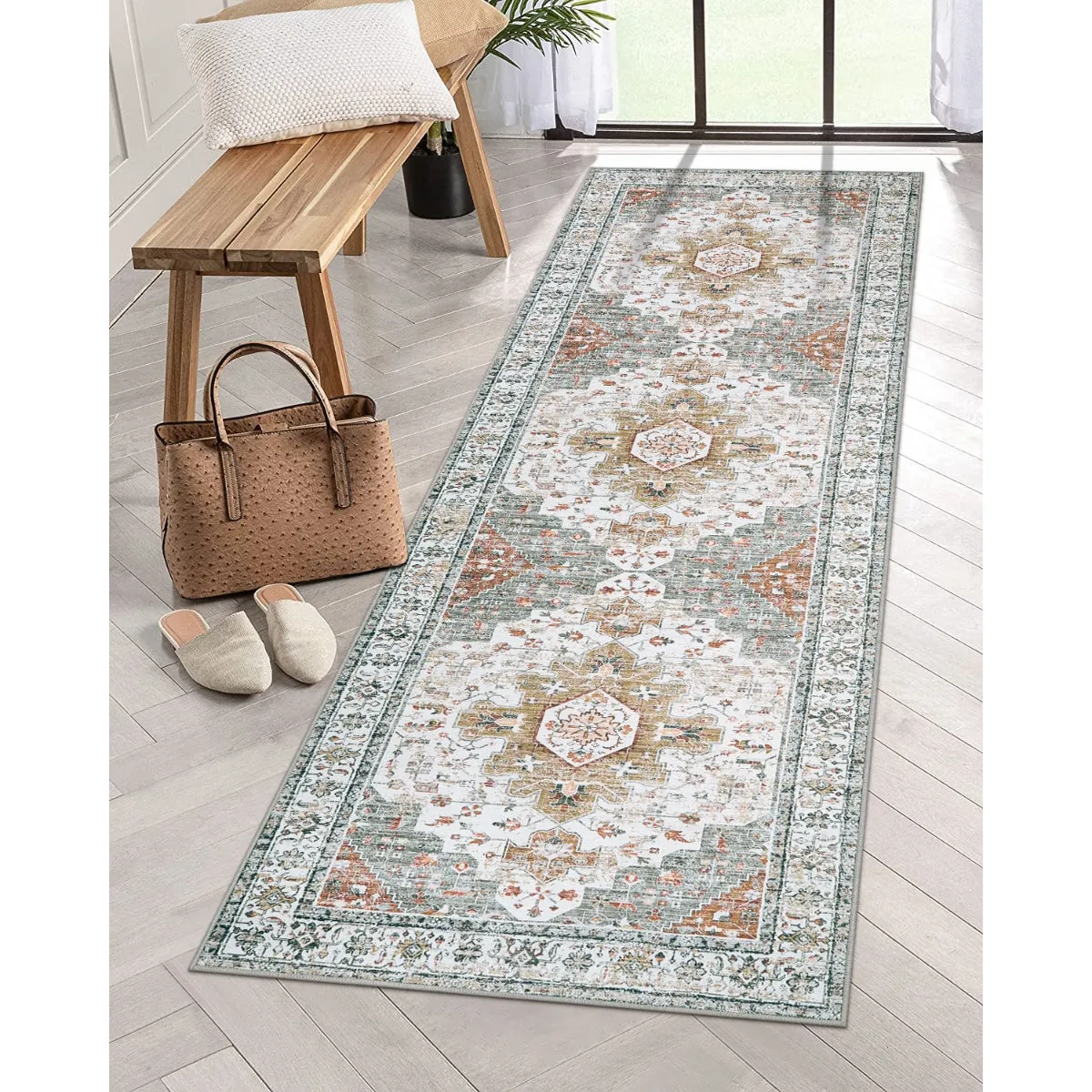Helene Ultra-Thin Washable Vintage Floral Beige & Gold Area Rug