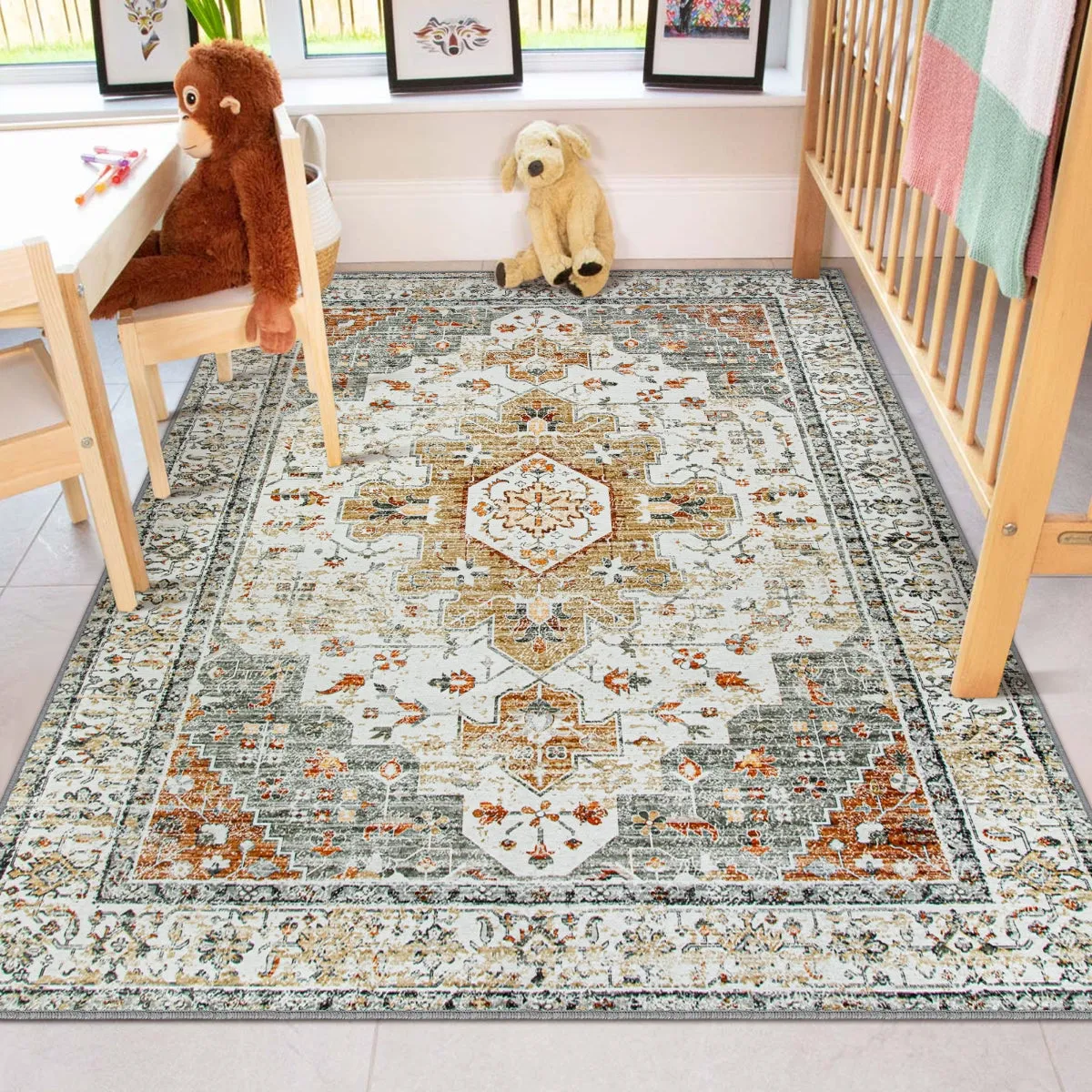Helene Ultra-Thin Washable Vintage Floral Beige & Gold Area Rug