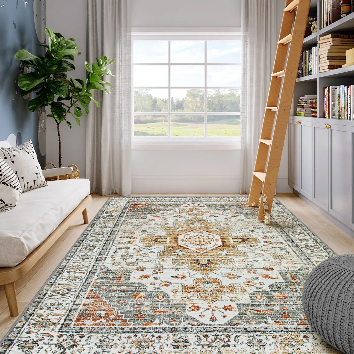 Helene Ultra-Thin Washable Vintage Floral Beige & Gold Area Rug