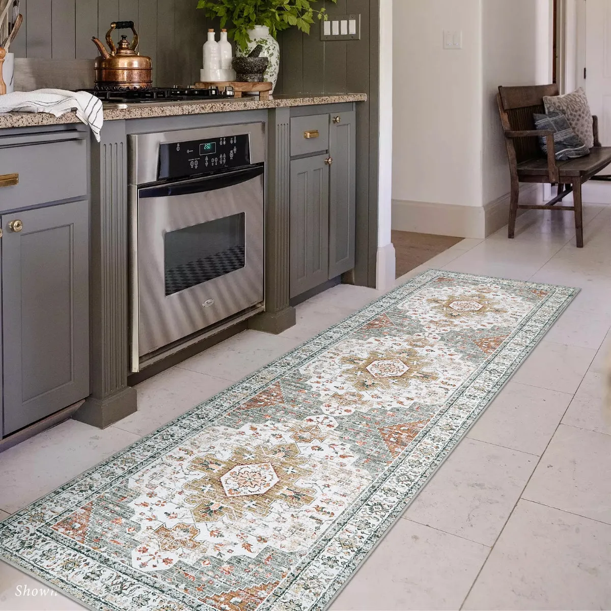 Helene Ultra-Thin Washable Vintage Floral Beige & Gold Area Rug