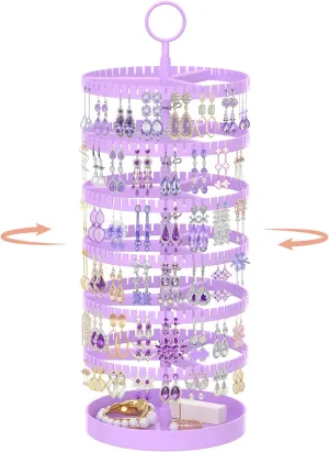 iDavosic.ly 6 Tier Rotating Earring Holder Organizer with Metal Tray, Adjustable Plastic Dangle Display Stands Tree with 342 Grooves, Large Hoop Storage Rack Tower, Purple