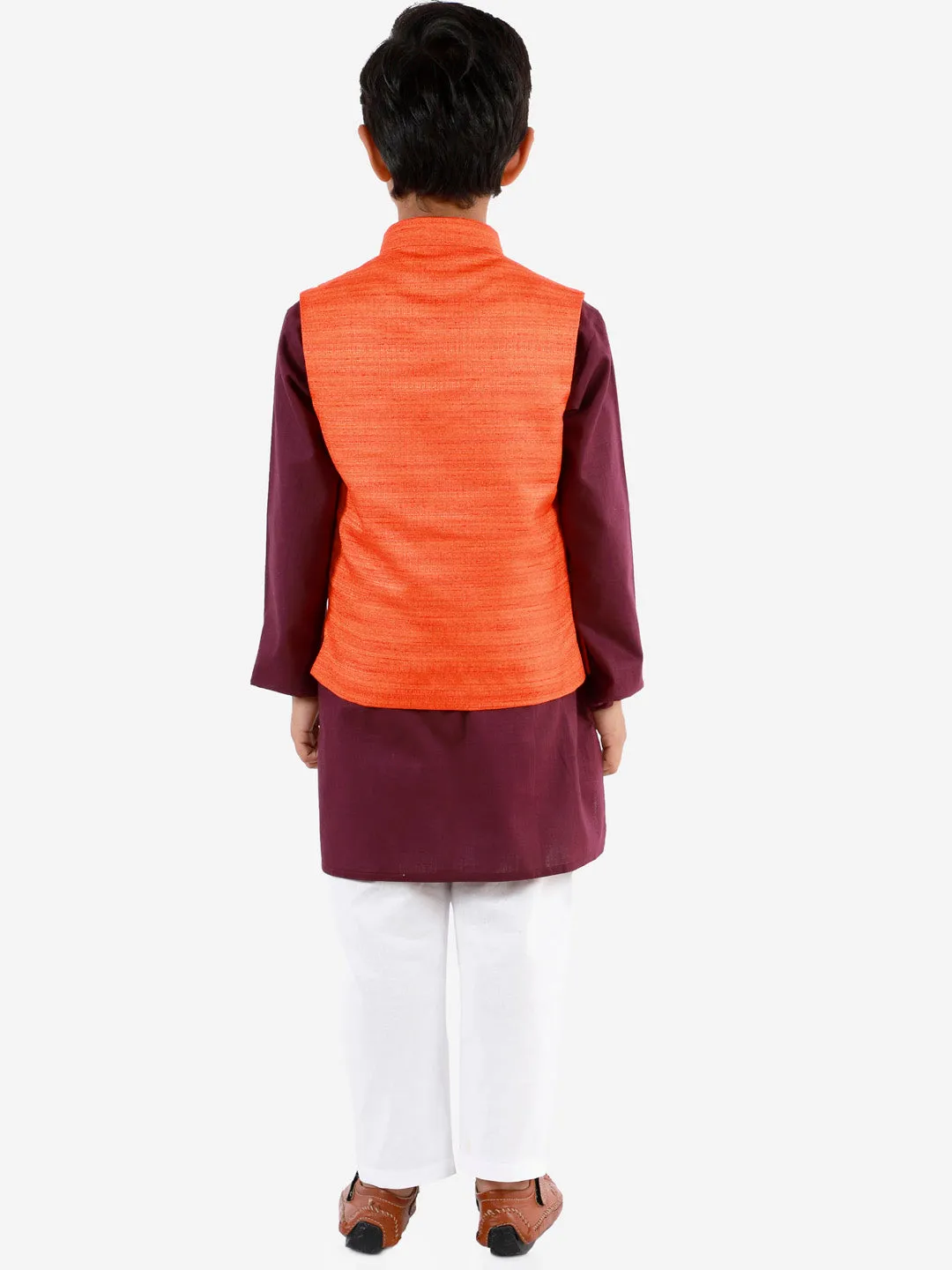 Jashvi Orange, Purple And White Baap Beta Nehru Jacket Kurta Pyjama set