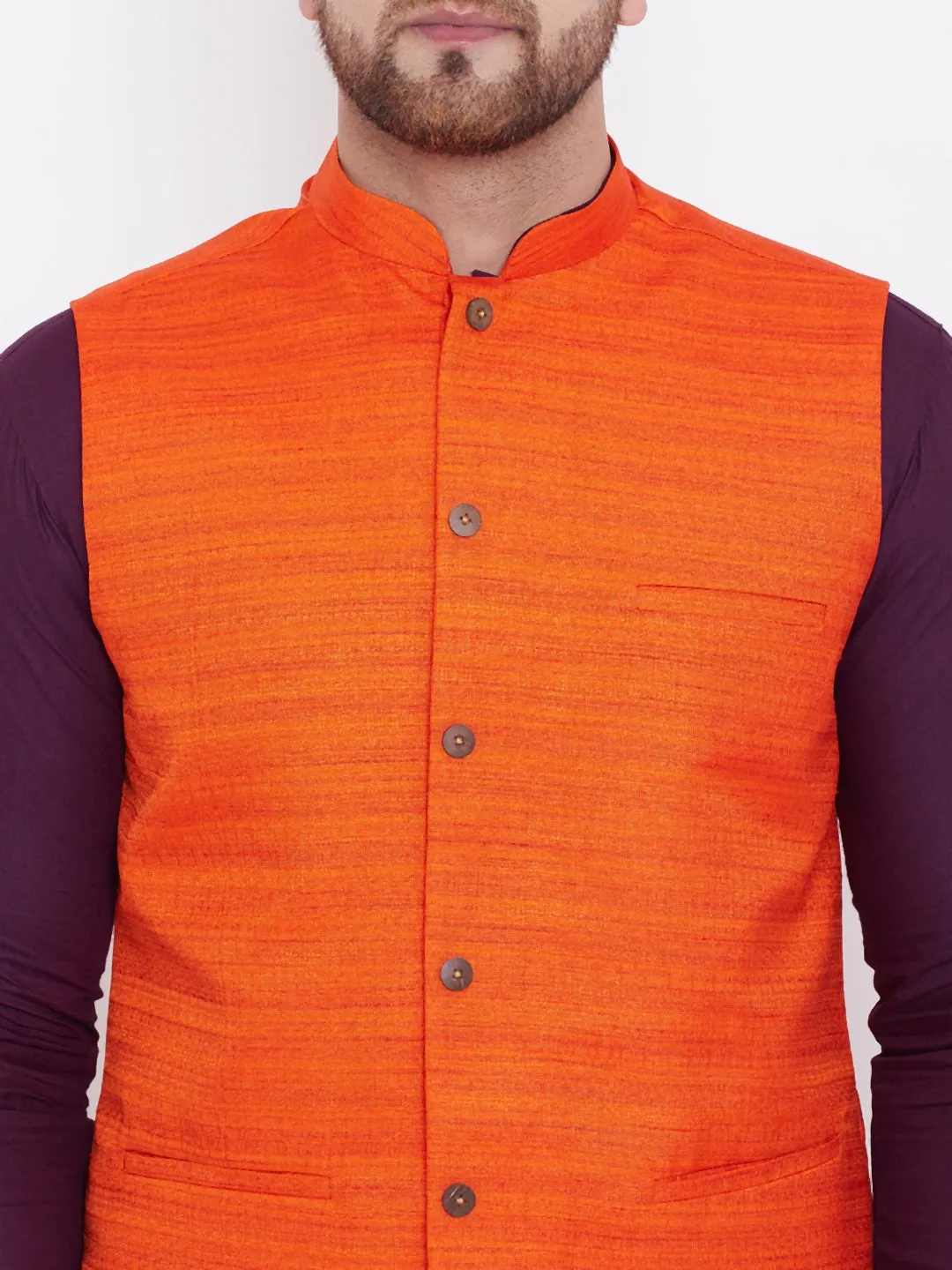 Jashvi Orange, Purple And White Baap Beta Nehru Jacket Kurta Pyjama set