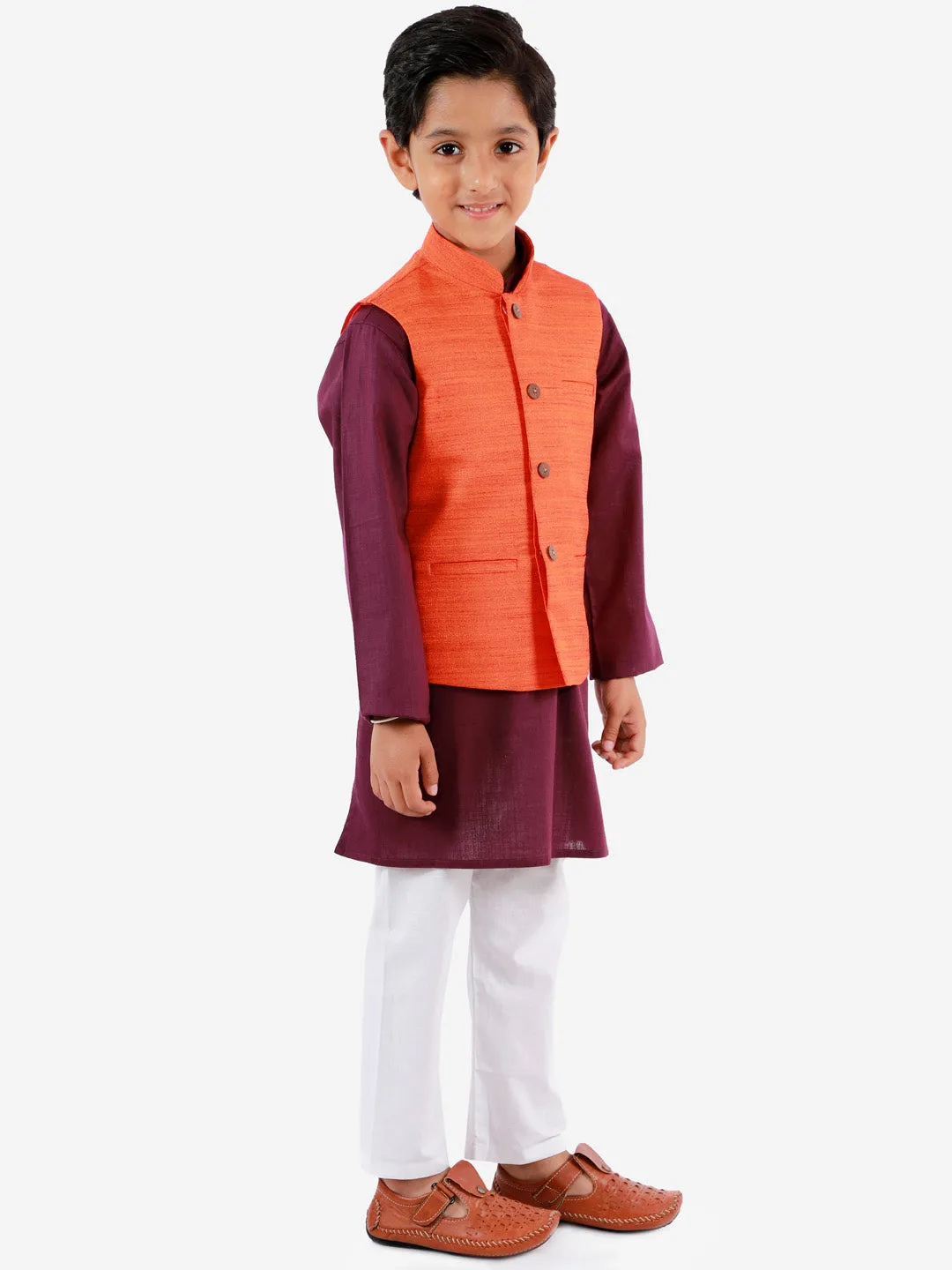 Jashvi Orange, Purple And White Baap Beta Nehru Jacket Kurta Pyjama set