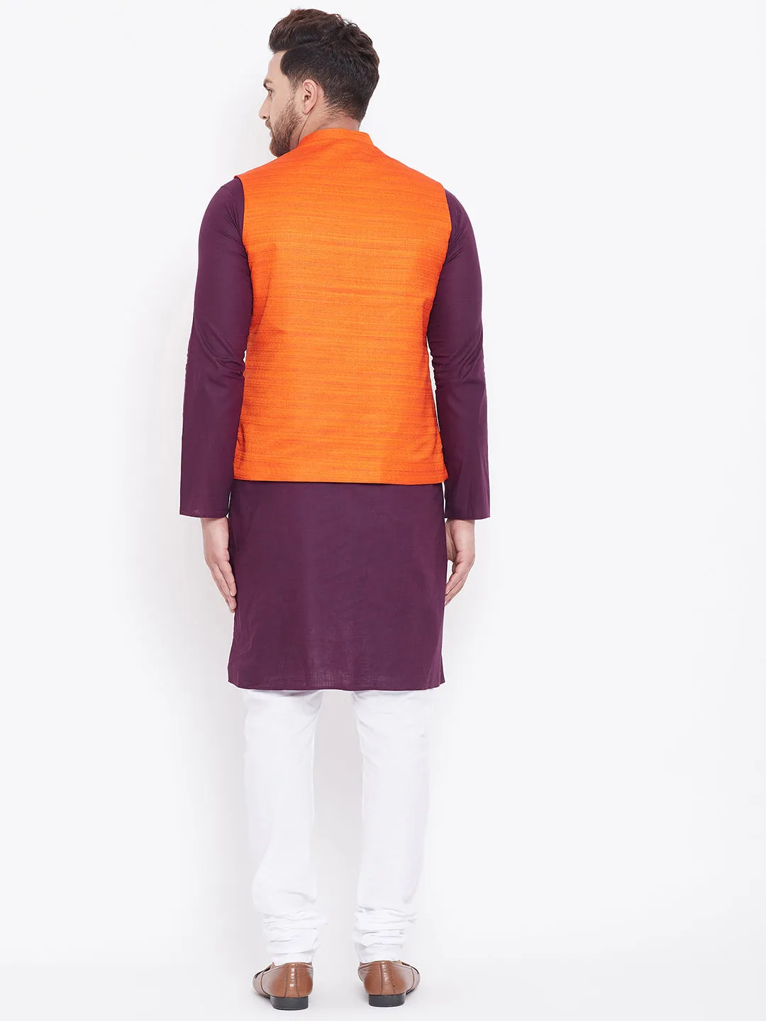 Jashvi Orange, Purple And White Baap Beta Nehru Jacket Kurta Pyjama set