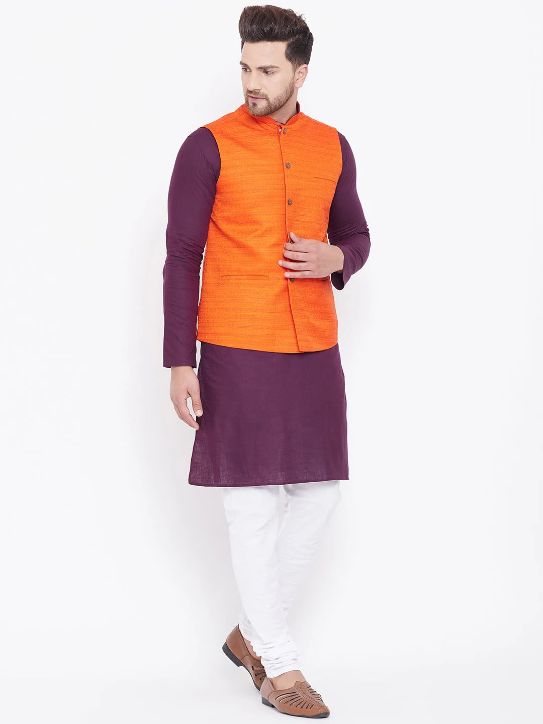 Jashvi Orange, Purple And White Baap Beta Nehru Jacket Kurta Pyjama set