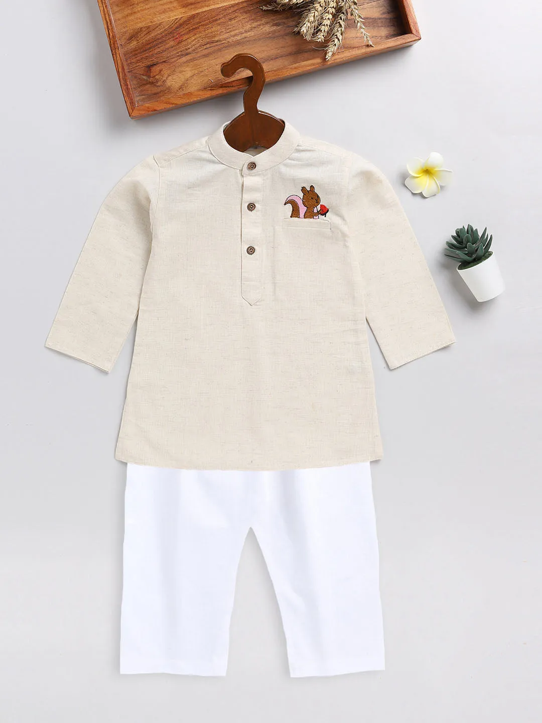 Jashvi SISHU Boy's Beige and White Embroidered Cotton Kurta Pyjama Set