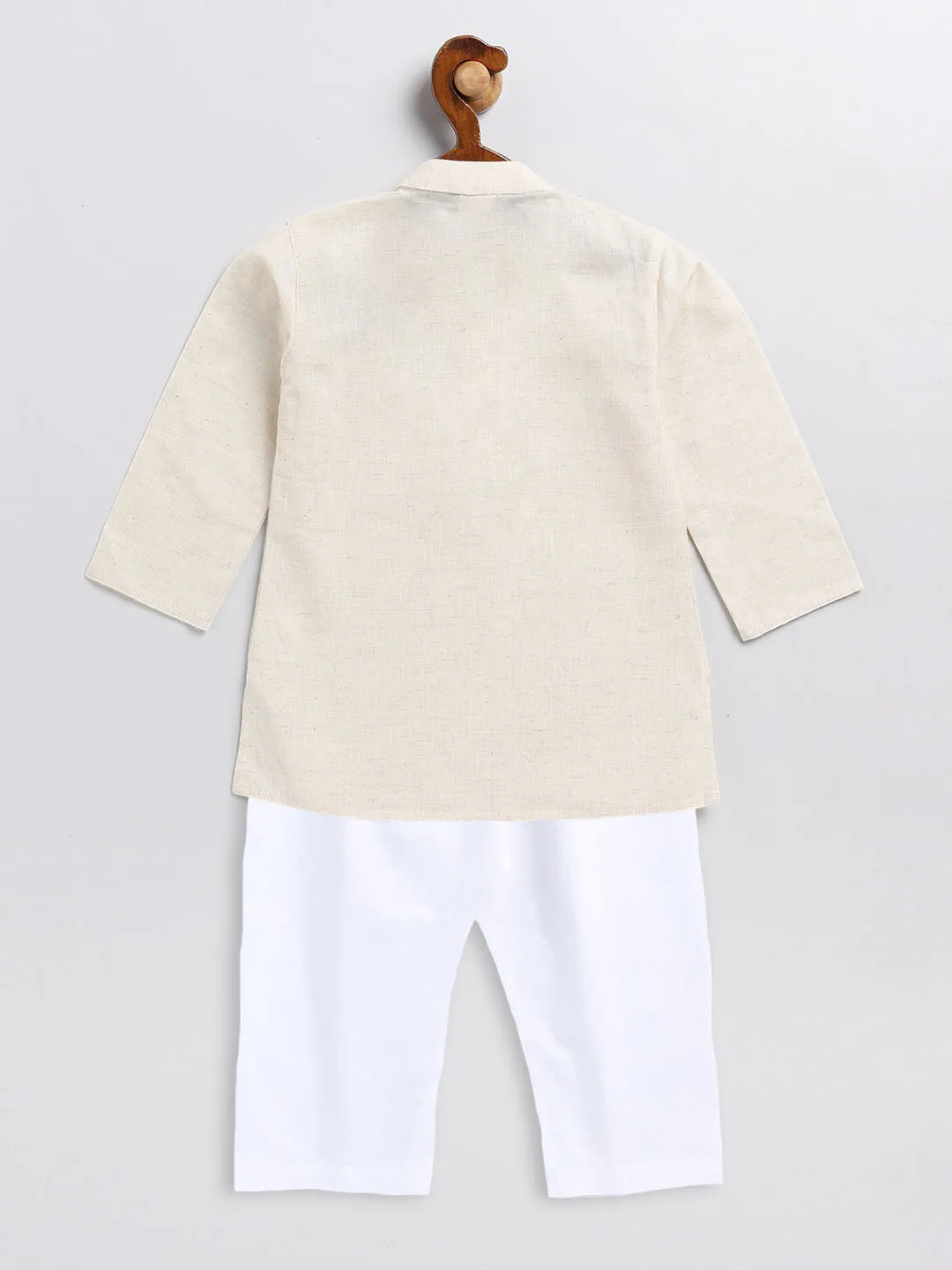 Jashvi SISHU Boy's Beige and White Embroidered Cotton Kurta Pyjama Set