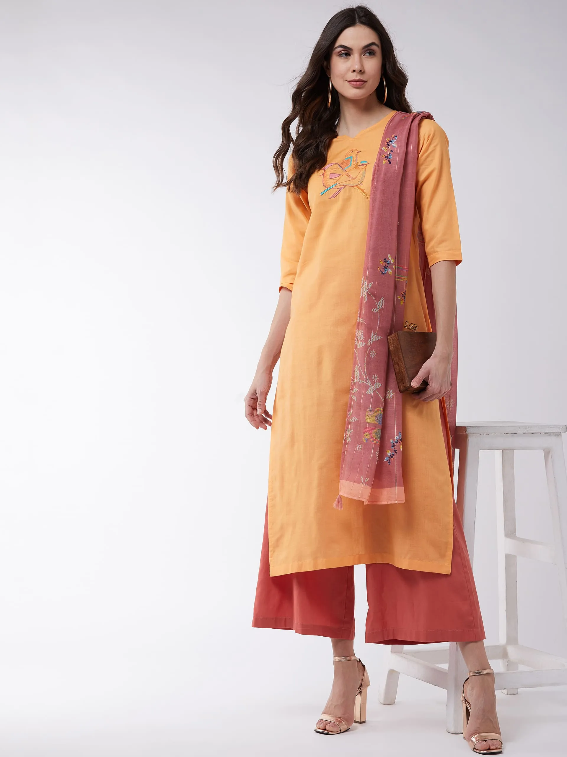Light Orange Embroidered Quarter Sleeves Kurta With Pants And Digital Printed Dupatta