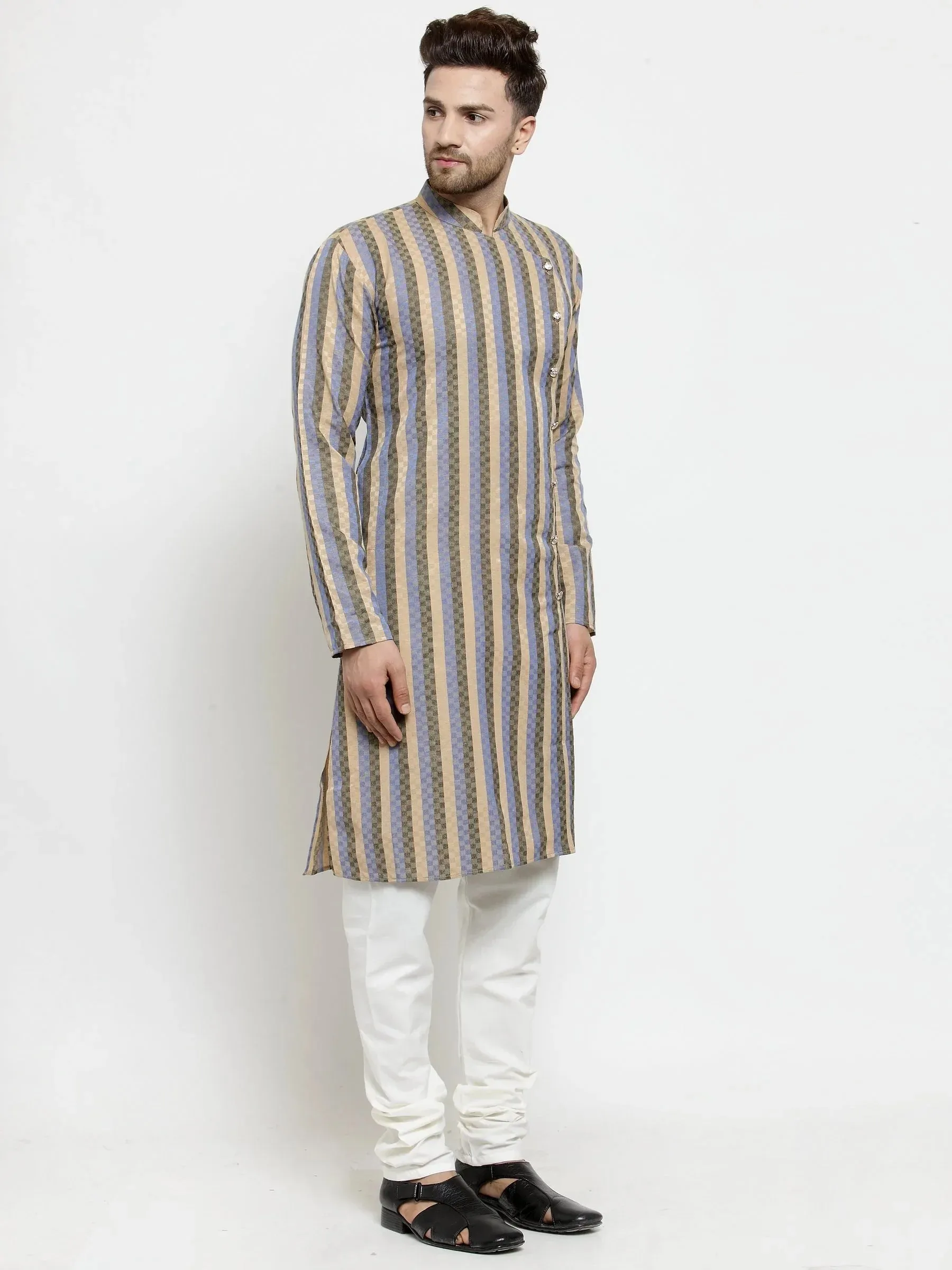 Men Blue And Black Self Design Stripped Kurta Only