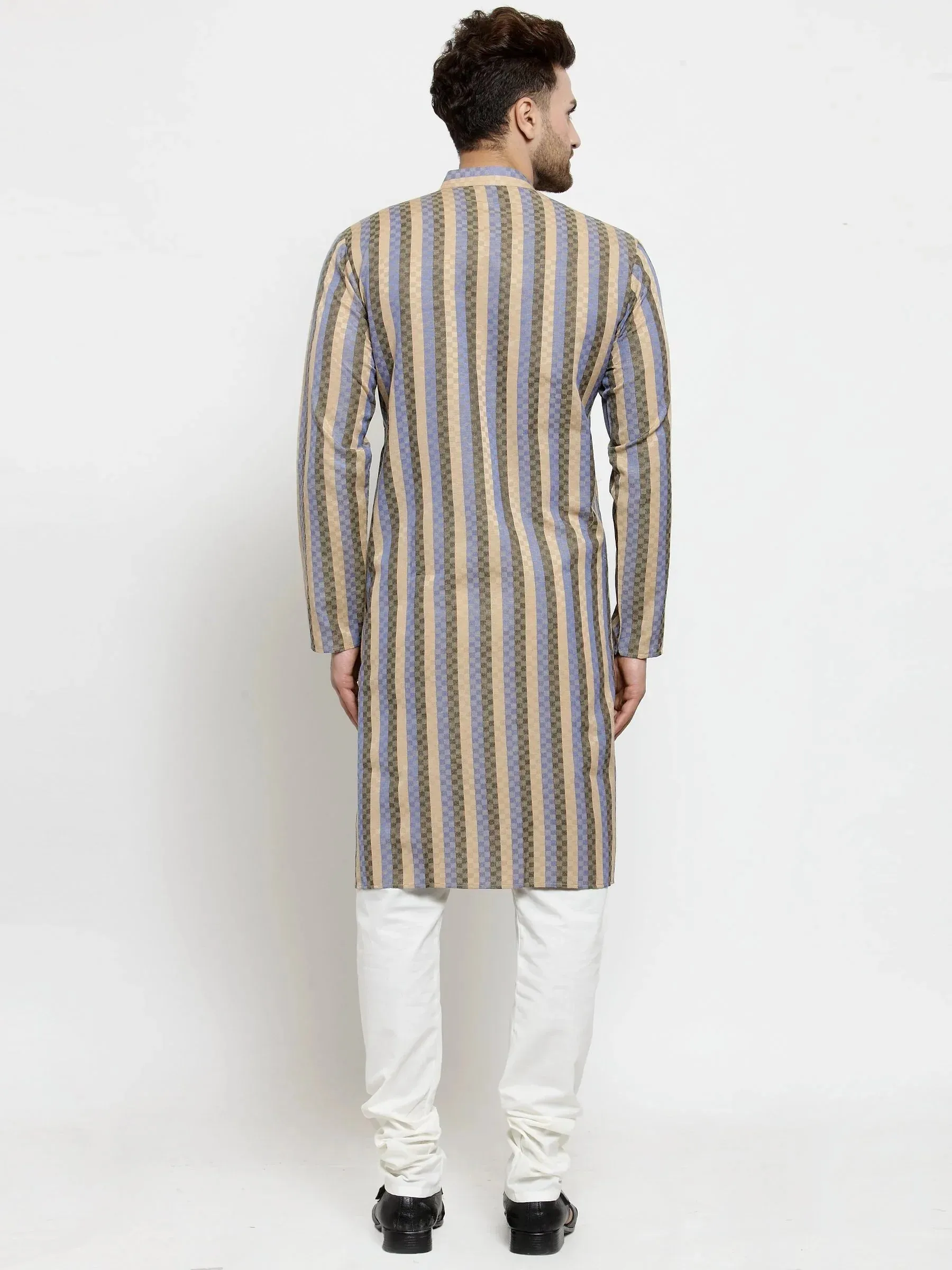 Men Blue And Black Self Design Stripped Kurta Only
