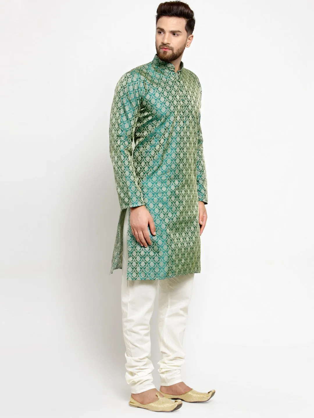 Men Green & Beige Self Design Kurta with Churidar