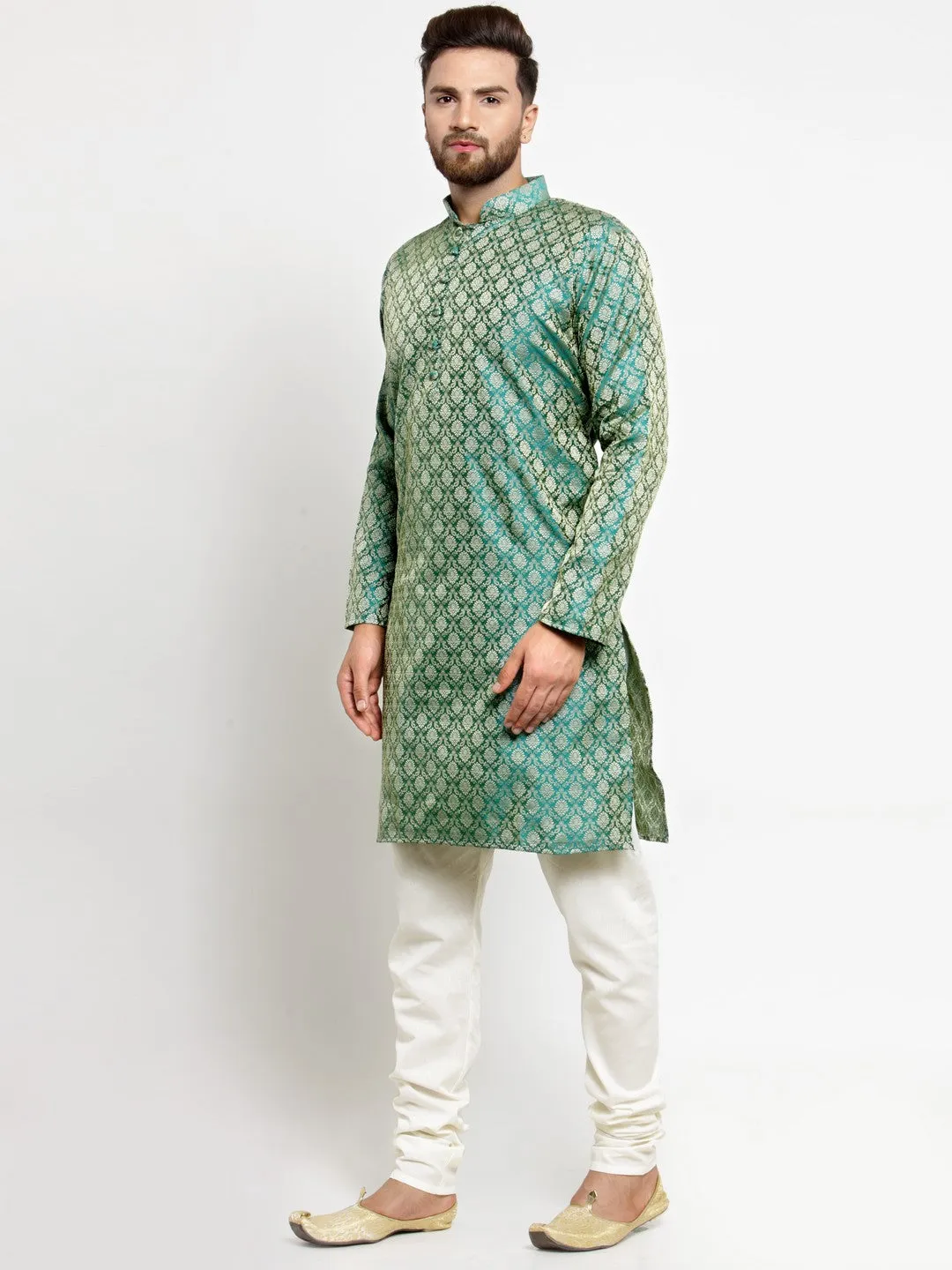 Men Green & Beige Self Design Kurta with Churidar