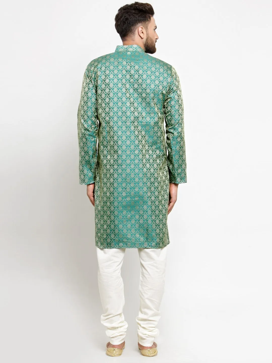 Men Green & Beige Self Design Kurta with Churidar