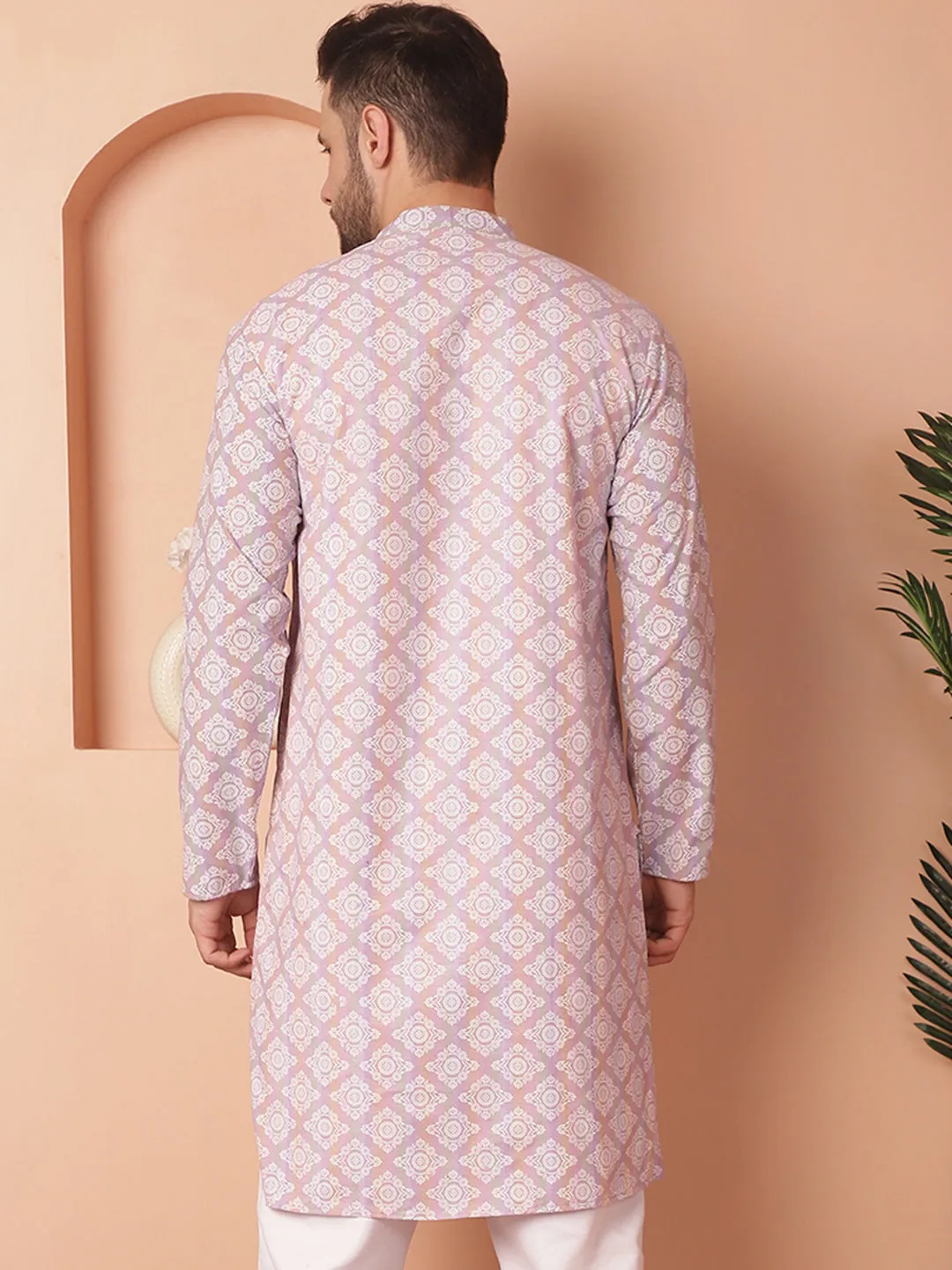Men Purple And White Floral Printed Kurtas