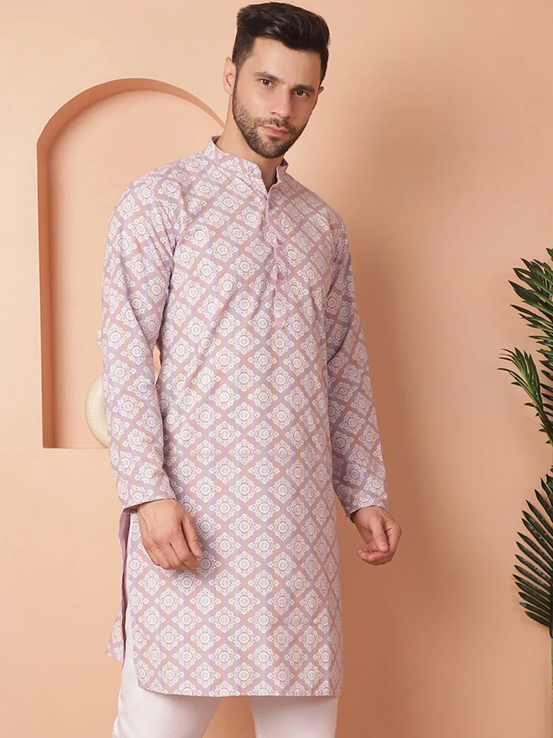 Men Purple And White Floral Printed Kurtas