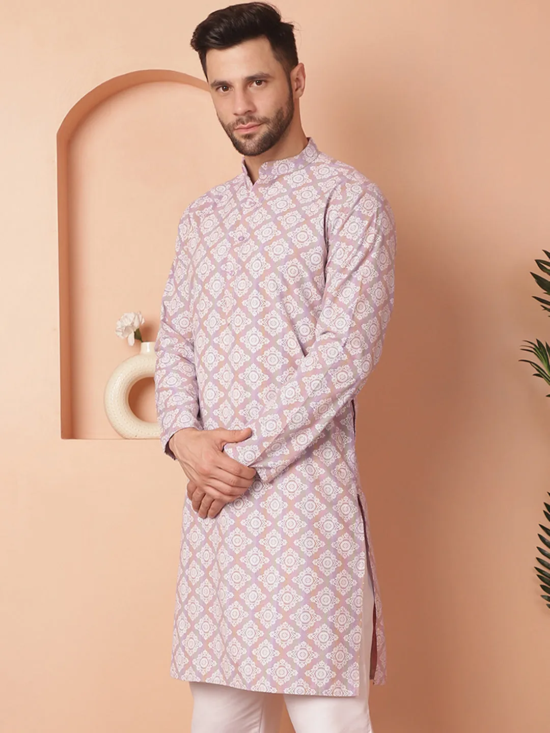 Men Purple And White Floral Printed Kurtas