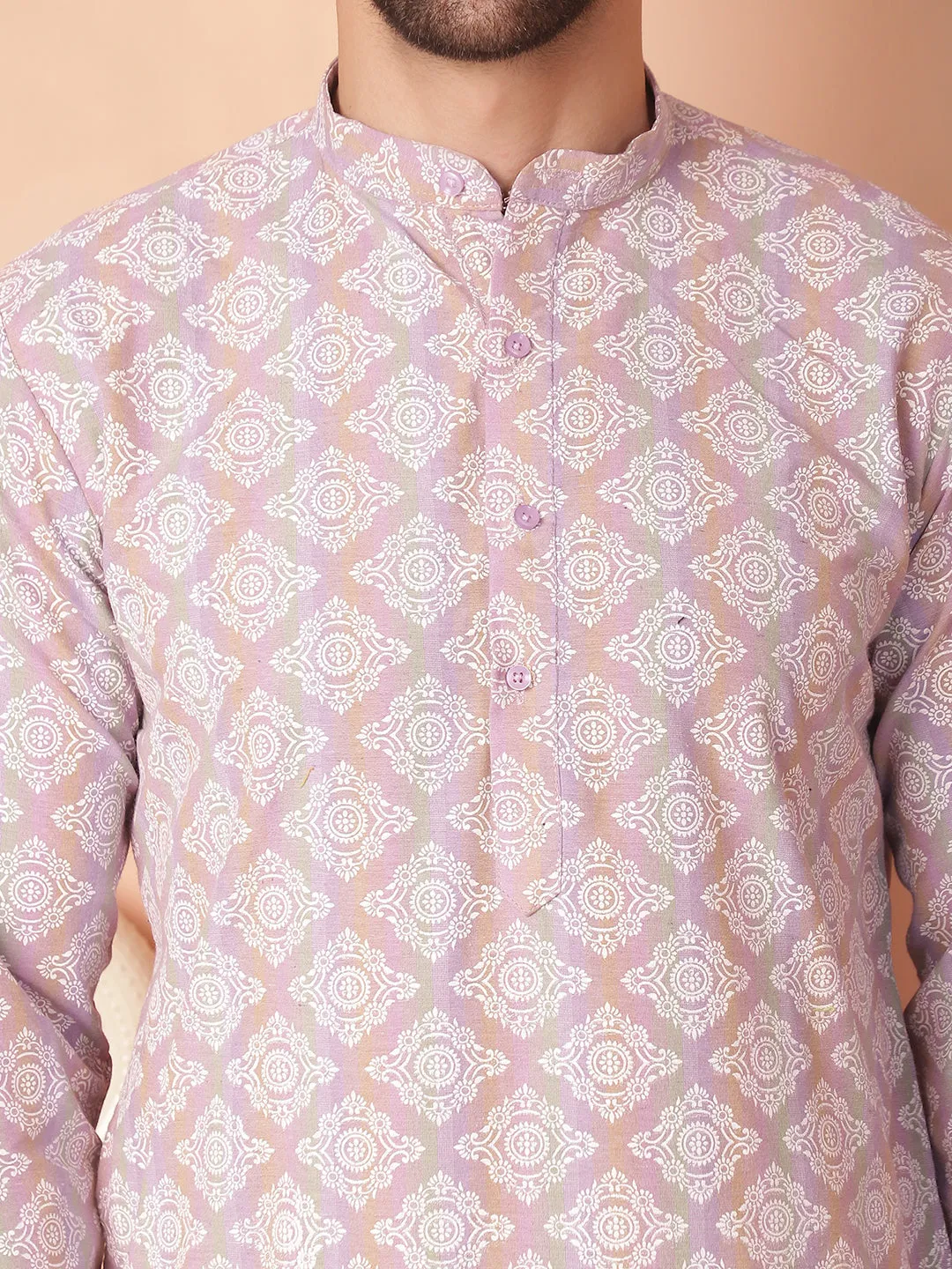 Men Purple And White Floral Printed Kurtas