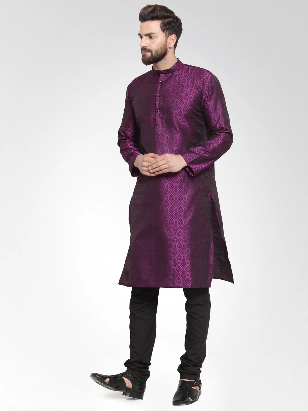 Men Purple-Colored & Black Self Design Kurta Only