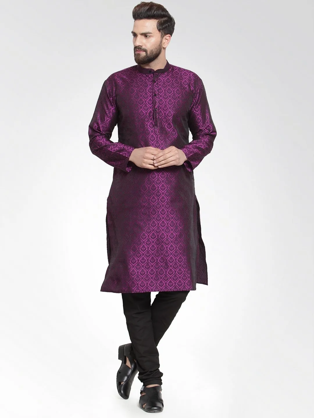 Men Purple-Colored & Black Self Design Kurta Only
