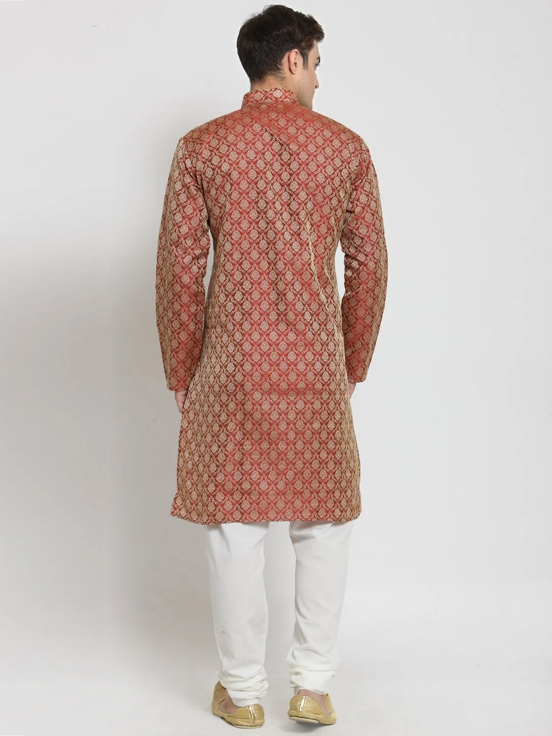 Men's Red & Beige Self Design Kurta with Churidar ( JOKP 568 Red ) - Virat Fashions