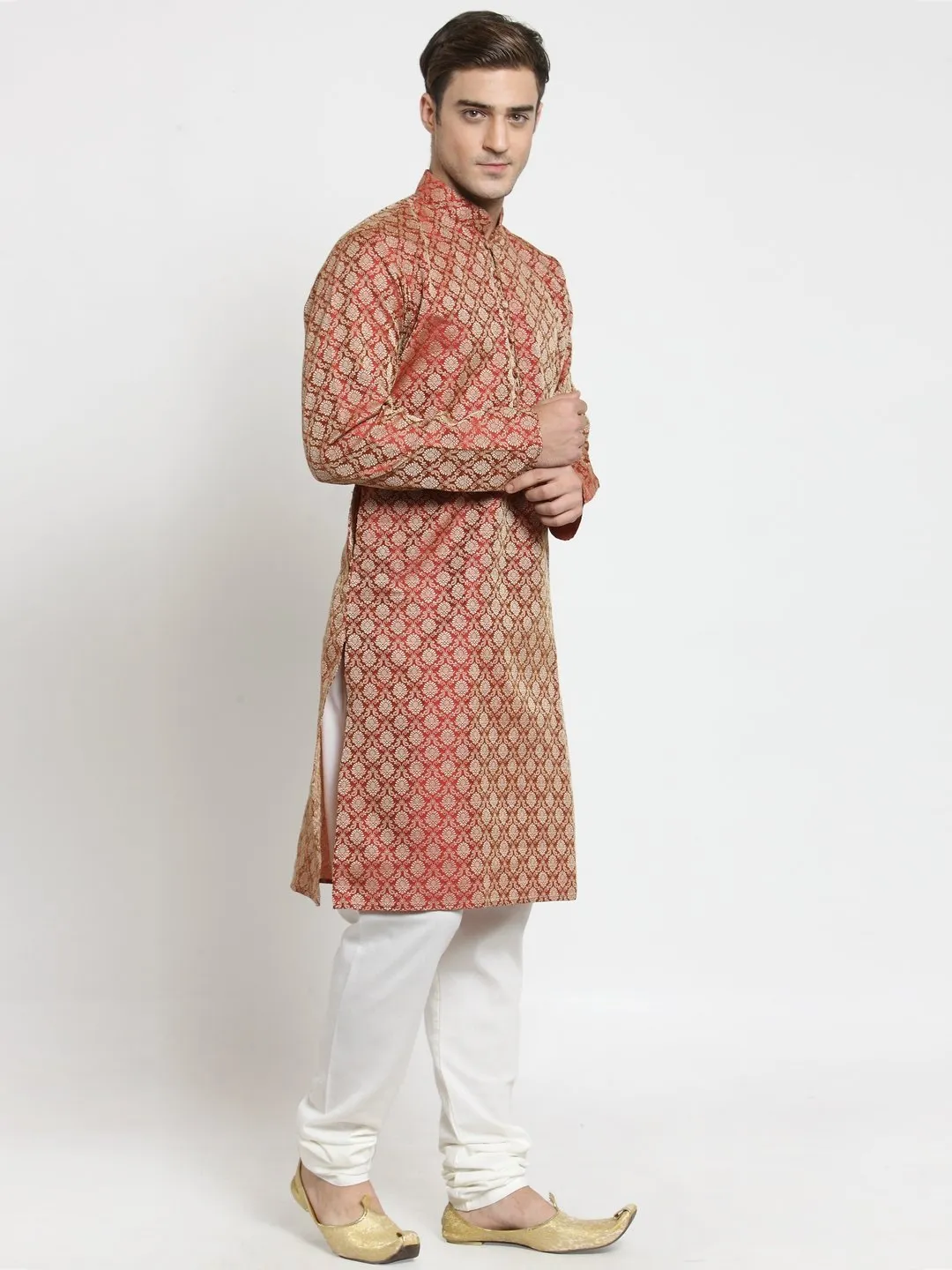Men's Red & Beige Self Design Kurta with Churidar ( JOKP 568 Red ) - Virat Fashions