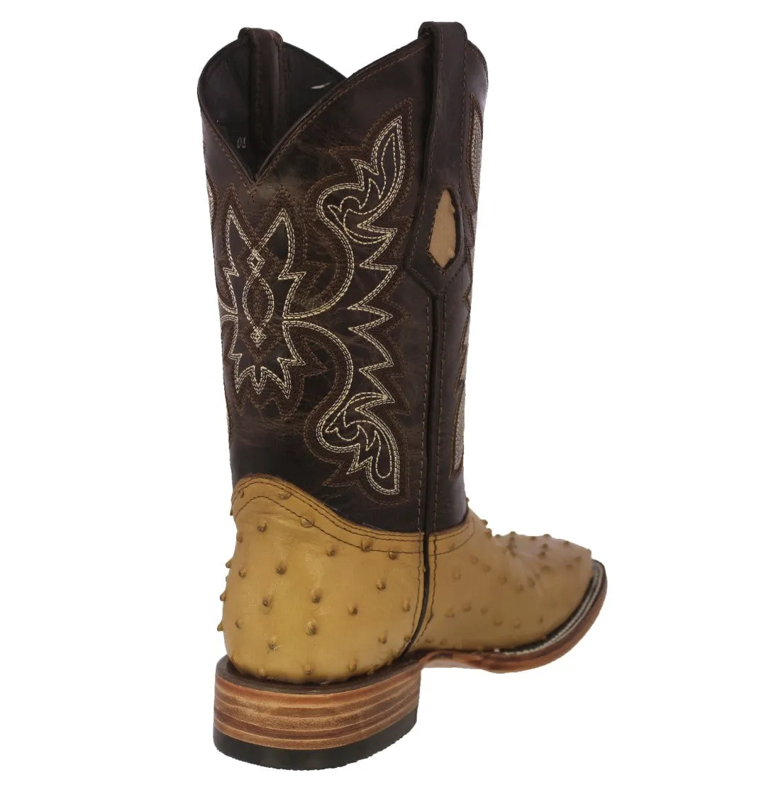 Mens Sand Cowboy Boots Ostrich Quill Print Leather - Square Toe