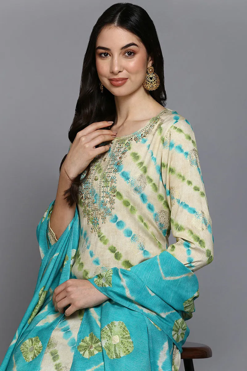Nude Silk Blend Ethnic Motifs Straight Suit Set