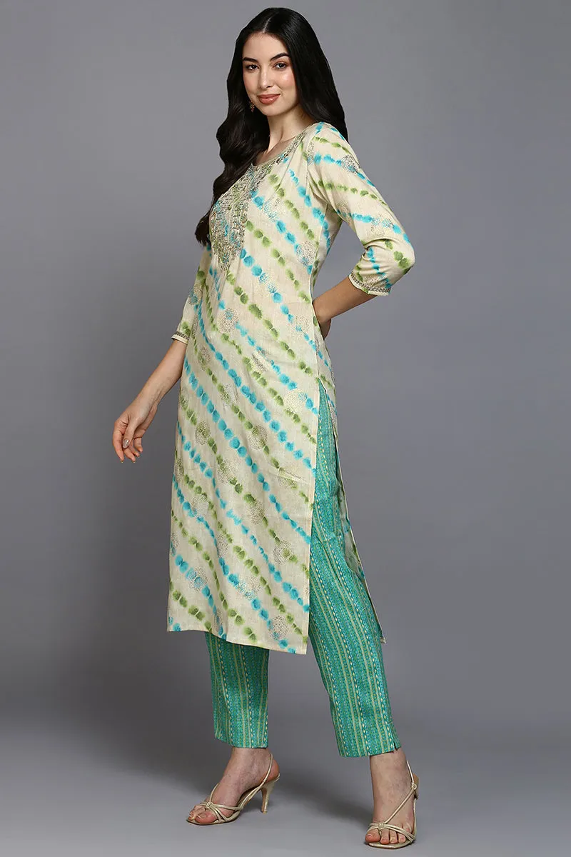 Nude Silk Blend Ethnic Motifs Straight Suit Set