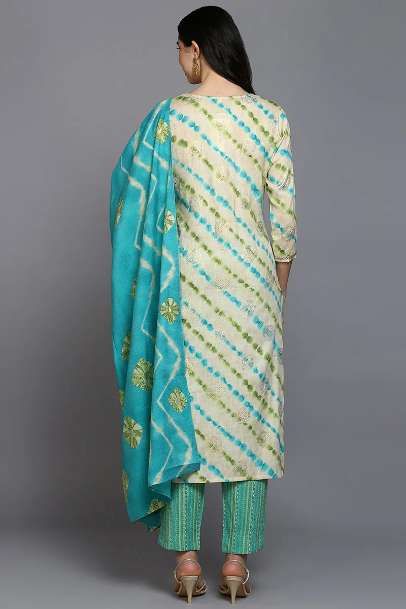 Nude Silk Blend Ethnic Motifs Straight Suit Set