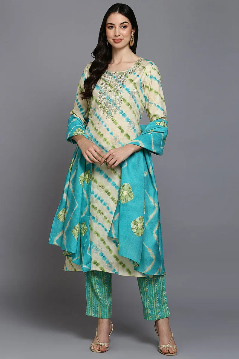 Nude Silk Blend Ethnic Motifs Straight Suit Set