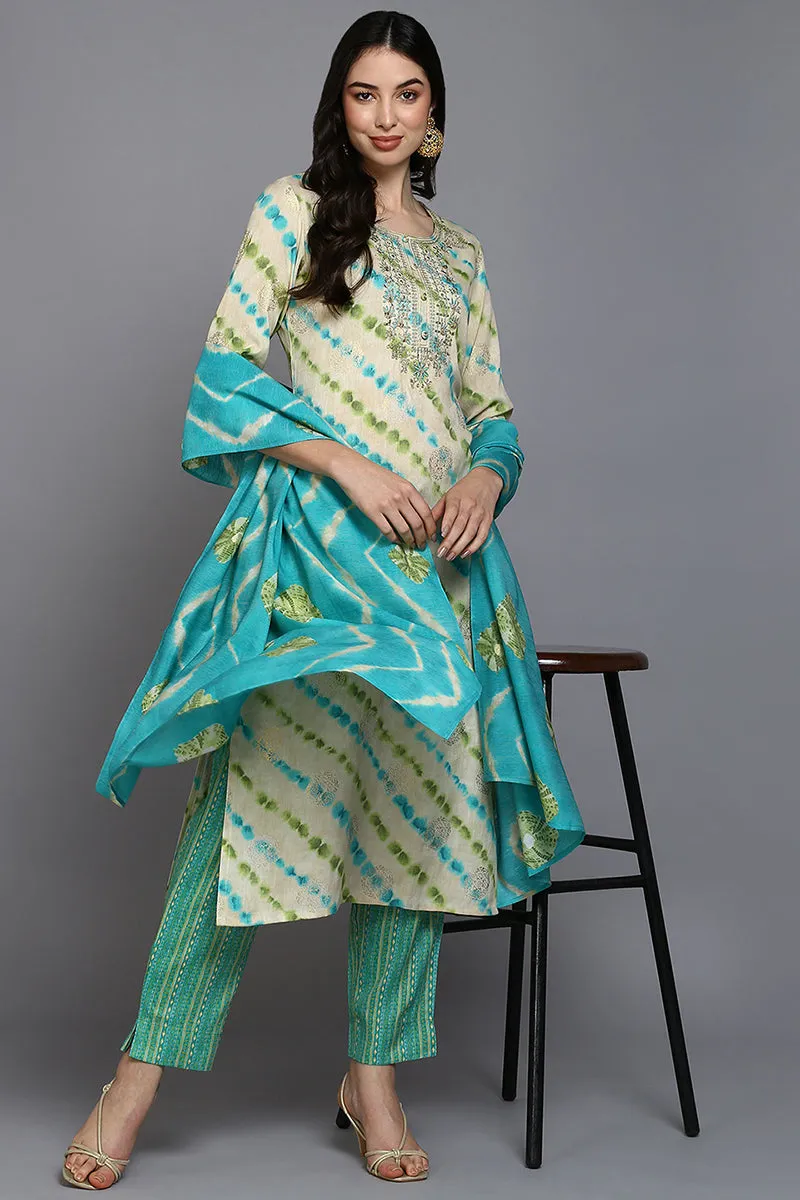 Nude Silk Blend Ethnic Motifs Straight Suit Set