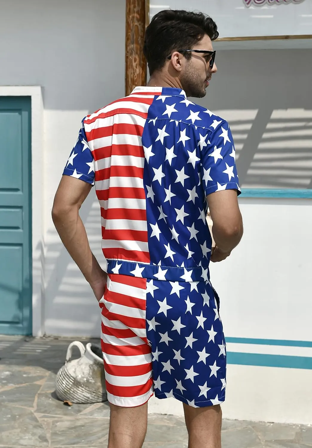 RAISEVERN Mens Romper Zipper Jumpsuit Male Shorts Sleeve One Piece Overalls Bro Outfits