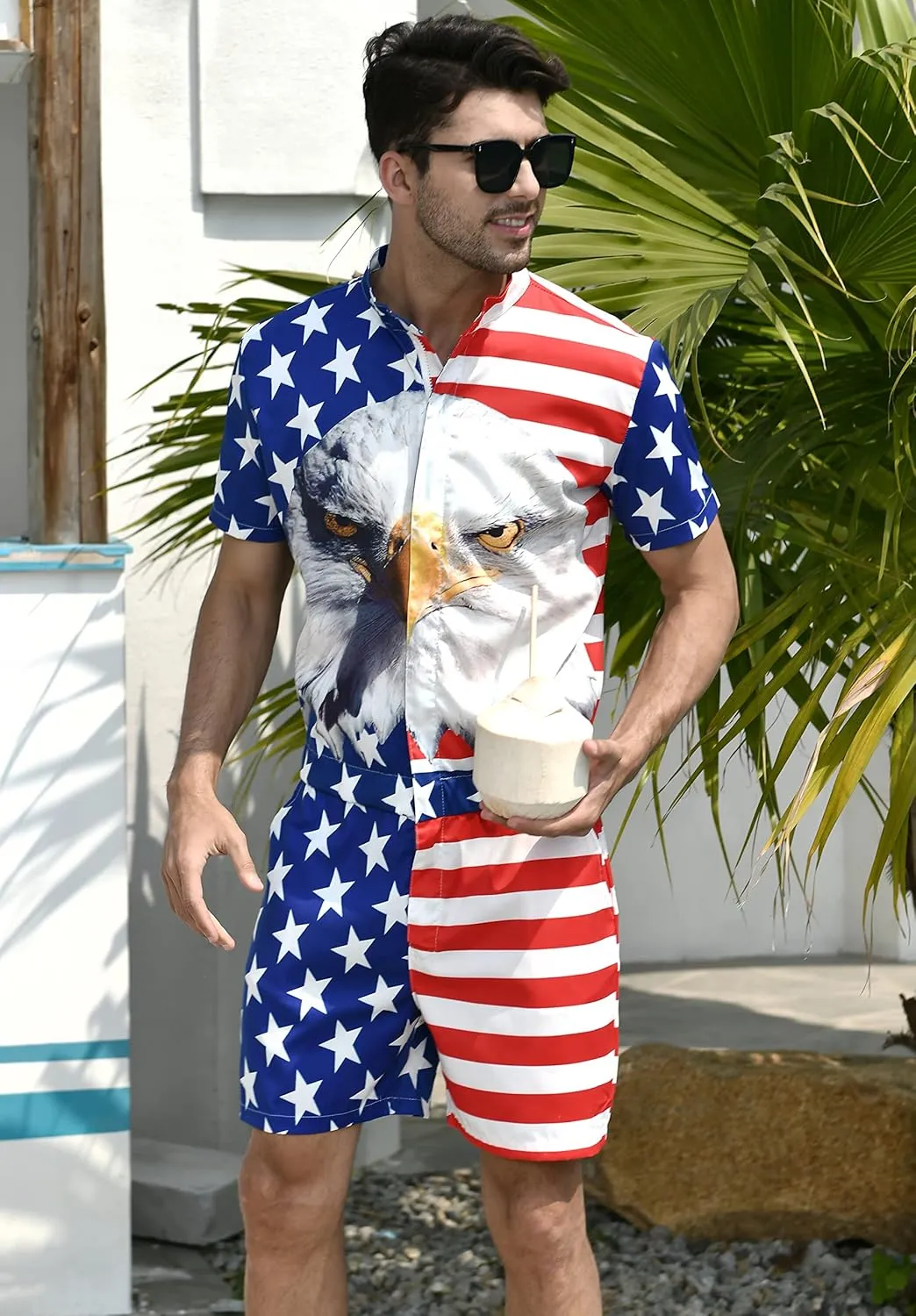 RAISEVERN Mens Romper Zipper Jumpsuit Male Shorts Sleeve One Piece Overalls Bro Outfits