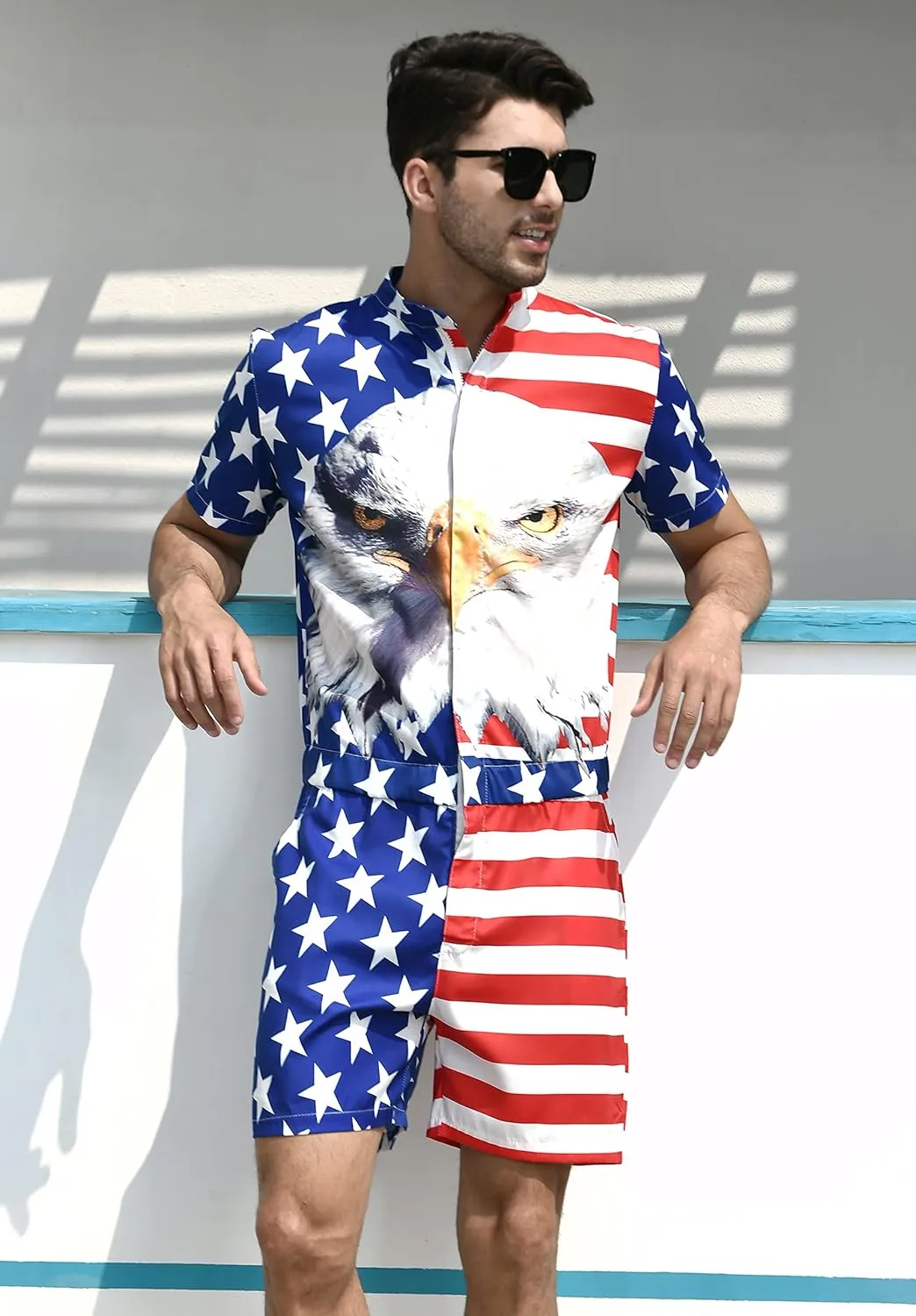RAISEVERN Mens Romper Zipper Jumpsuit Male Shorts Sleeve One Piece Overalls Bro Outfits