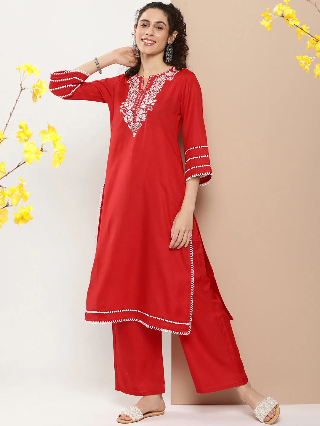 Red Chikankari Neck Embroidered Kurta With Solid Palazzo