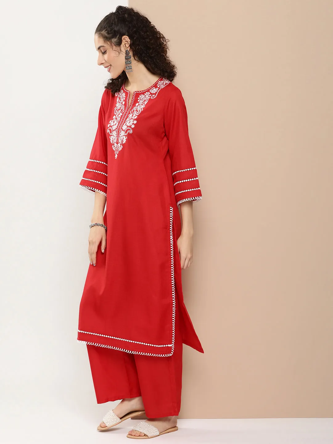 Red Chikankari Neck Embroidered Kurta With Solid Palazzo