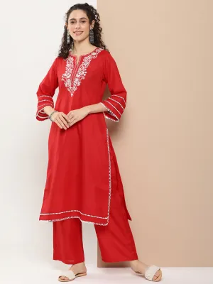 Red Chikankari Neck Embroidered Kurta With Solid Palazzo