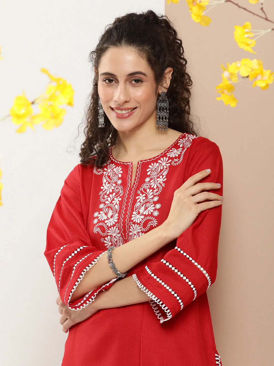 Red Chikankari Neck Embroidered Kurta With Solid Palazzo