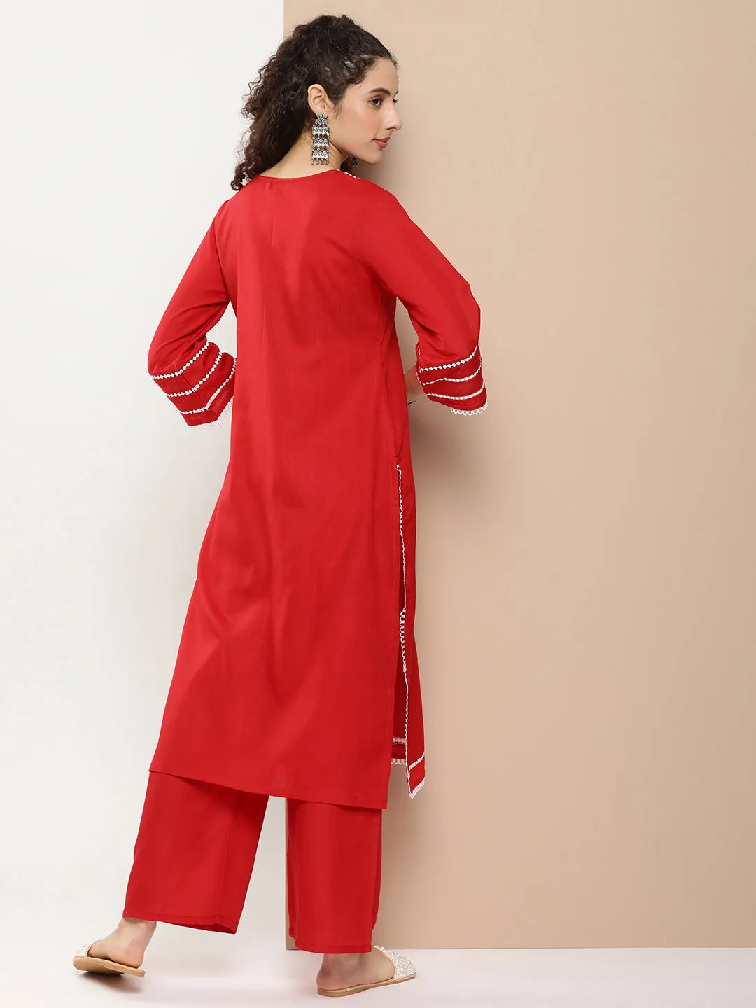 Red Chikankari Neck Embroidered Kurta With Solid Palazzo
