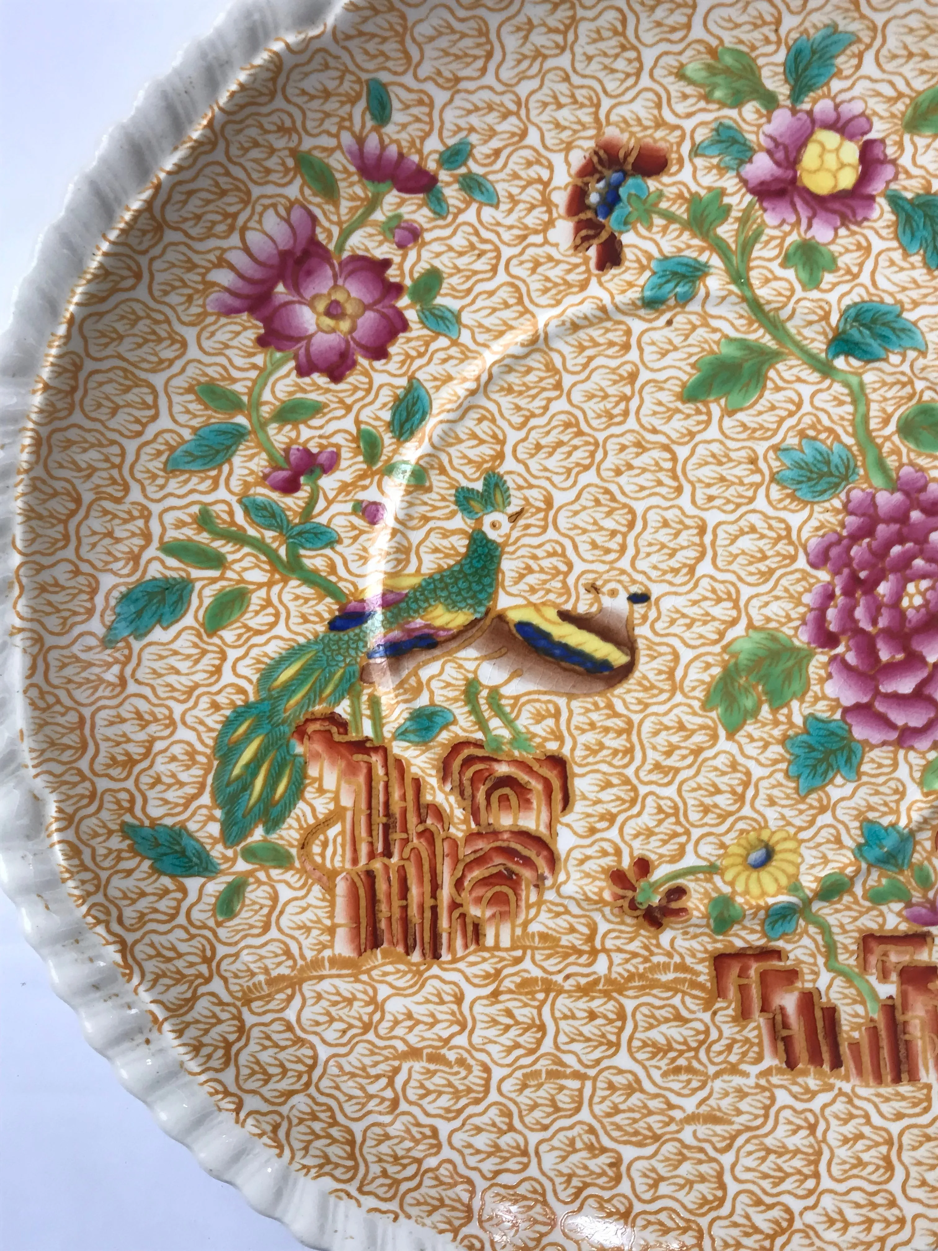 Spode Copeland Yellow Chinoiserie Transferware Peacock Peony Plate