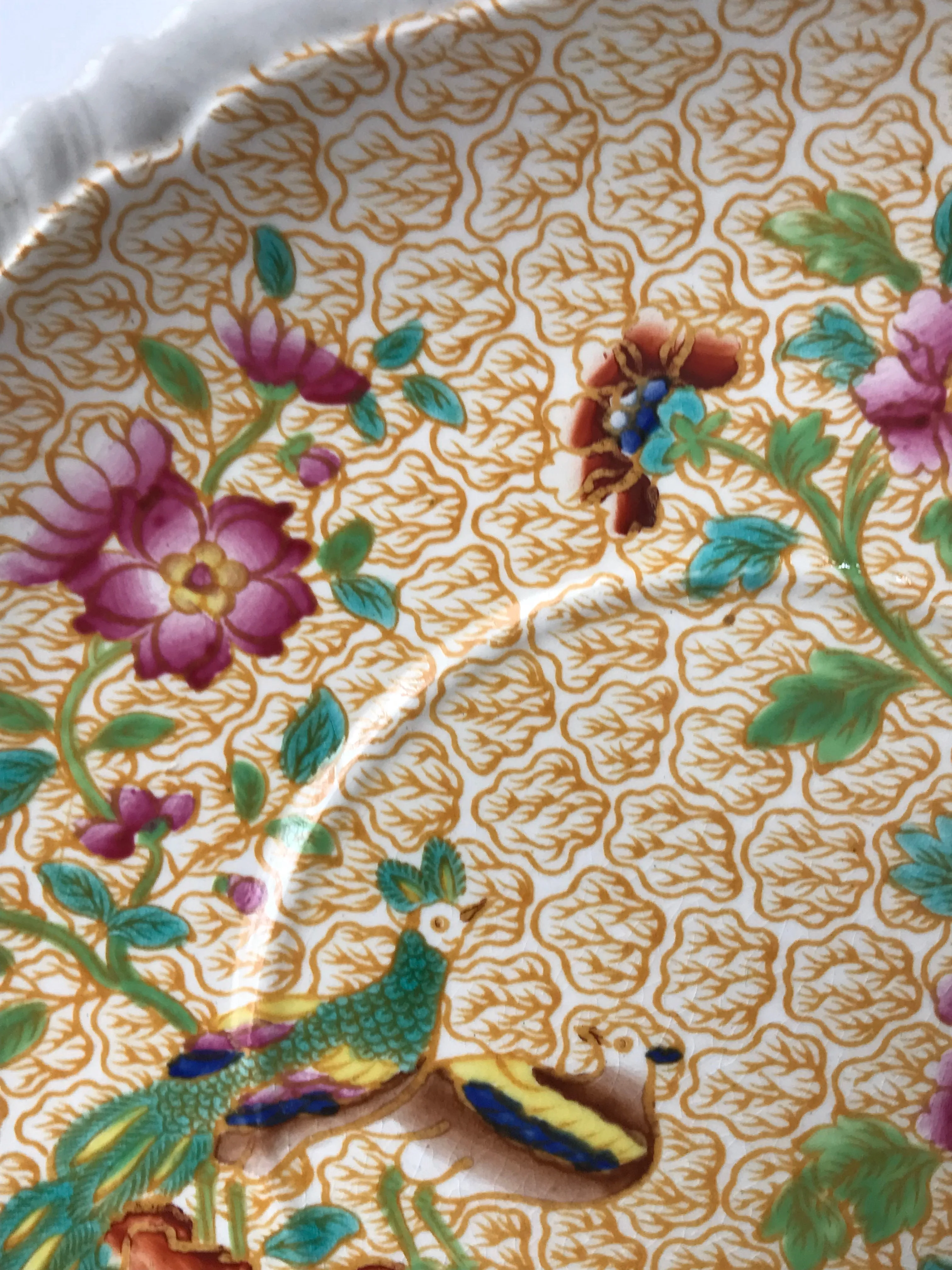 Spode Copeland Yellow Chinoiserie Transferware Peacock Peony Plate