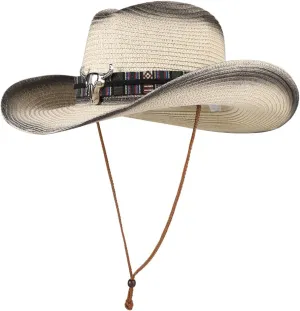 Straw Cowboy Cowgirl Hat Wide Brim Woven Western Cap UPF 50  Beach Sun Hat Shapeable Packable Fedora Cap for Men Women