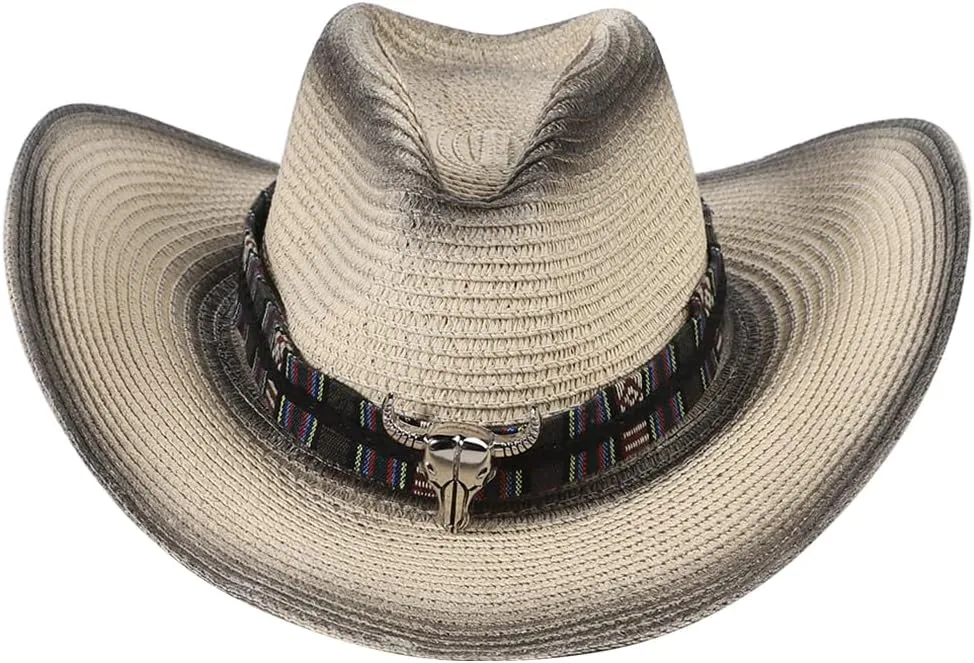Straw Cowboy Cowgirl Hat Wide Brim Woven Western Cap UPF 50  Beach Sun Hat Shapeable Packable Fedora Cap for Men Women