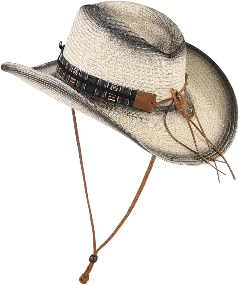 Straw Cowboy Cowgirl Hat Wide Brim Woven Western Cap UPF 50  Beach Sun Hat Shapeable Packable Fedora Cap for Men Women